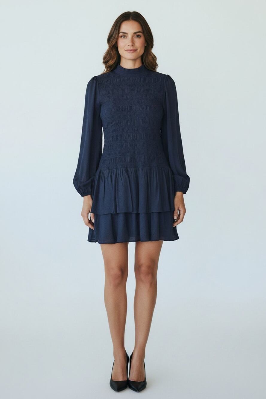 A6 Auth MAJE Navy Shirred Bodice Tiered Ruffled Hem Swiss Dot Mini Dress Size 42